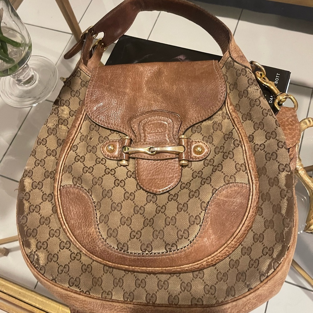 Gucci Pelham large shoulder bag monogram brass horsebit saddle leather canvas